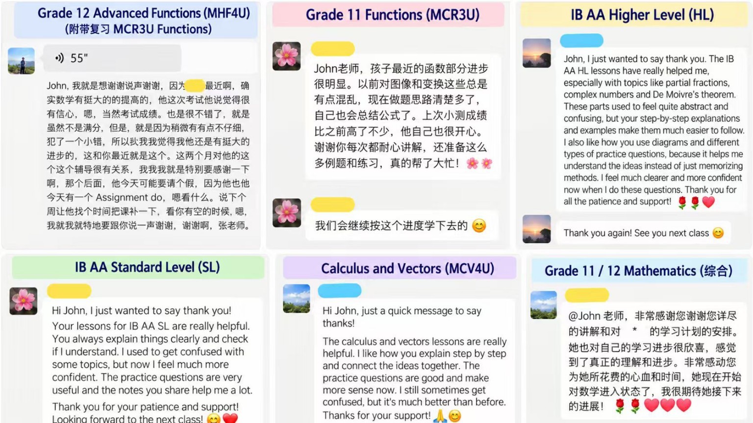 Collected parent and student feedback for MHF4U, MCR3U, IB AA HL, IB AA SL and MCV4U